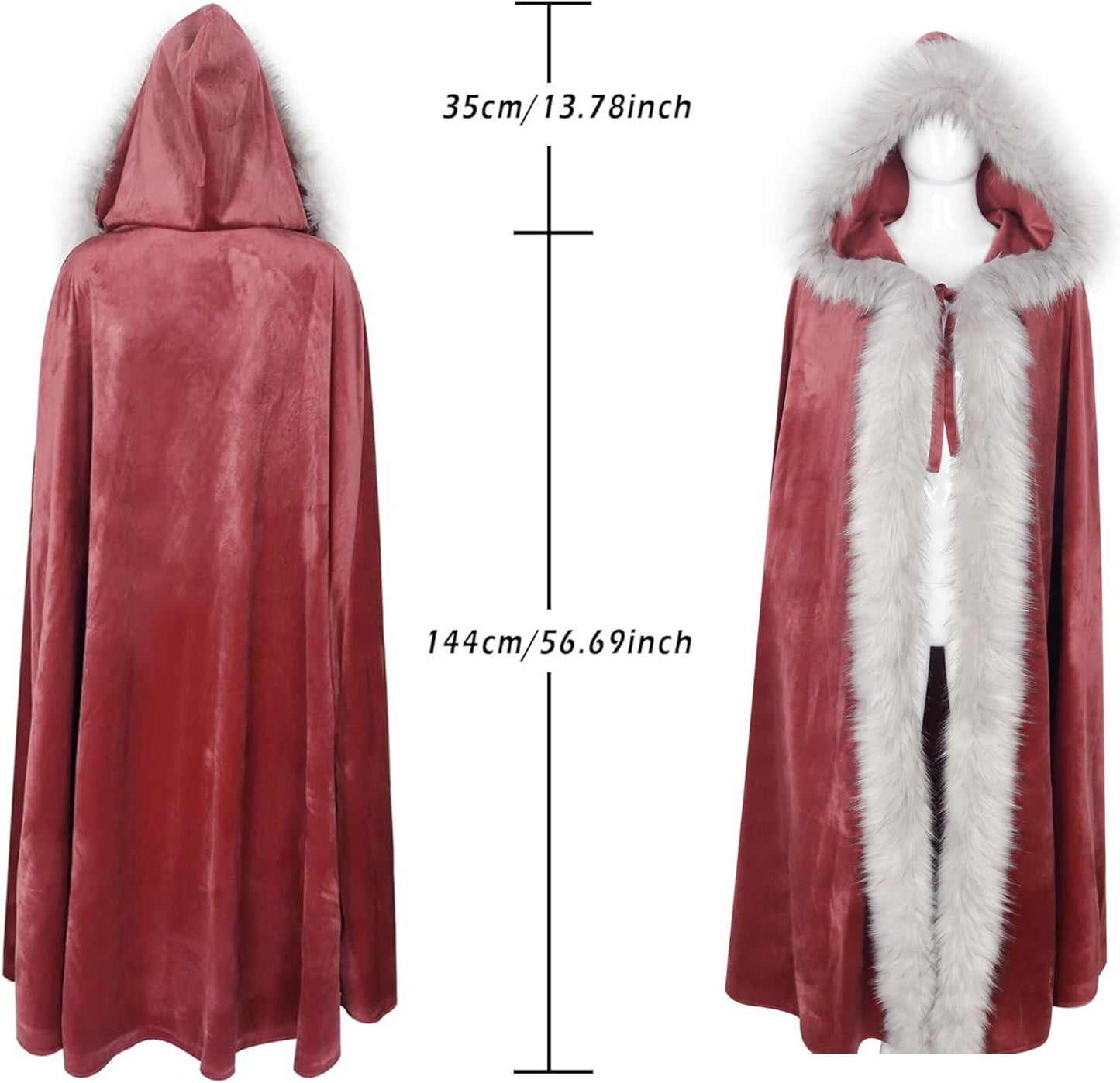Viking Fur lined Cloak with Hood - Red with silver fur trim