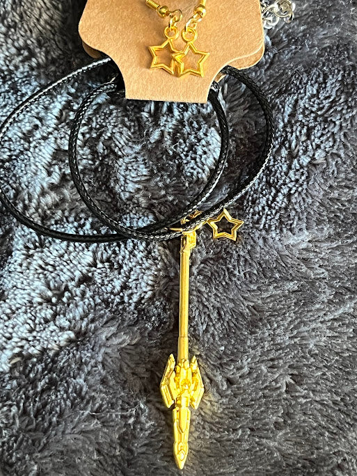 Gold Star and Sword Necklace and earrings