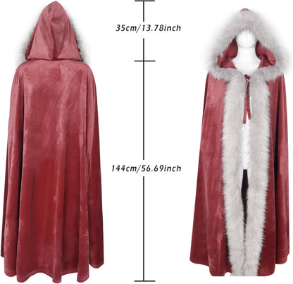 Viking Fur lined Cloak with Hood - Red with silver fur trim