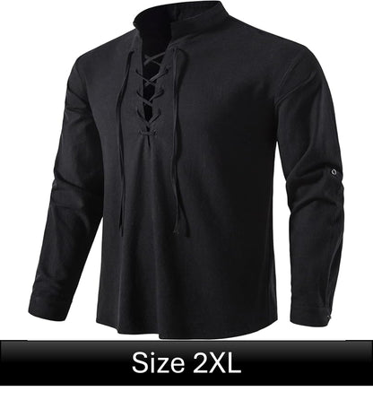 Long Sleeve Lace Up Shirt - Black 2XL
