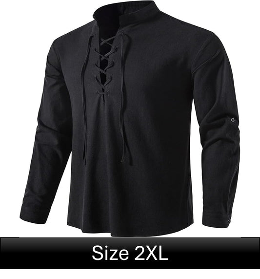 Long Sleeve Lace Up Shirt - Black 2XL
