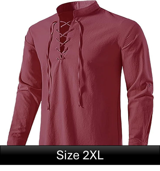 Long Sleeve Lace Up Shirt - Red 2XL