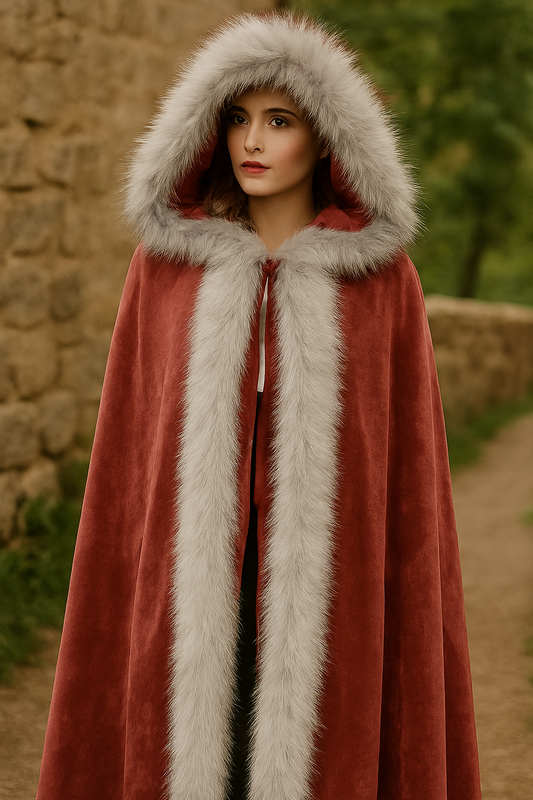 Viking Fur lined Cloak with Hood - Red with silver fur trim