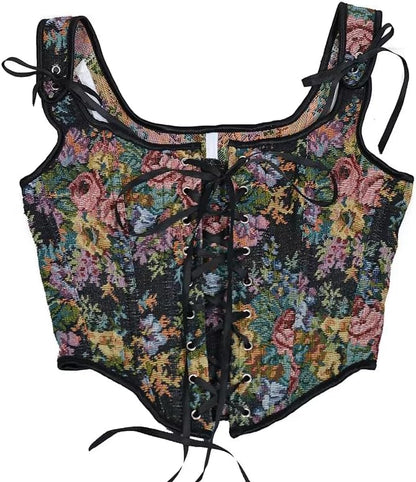 Lace Up Corset - Black Floral